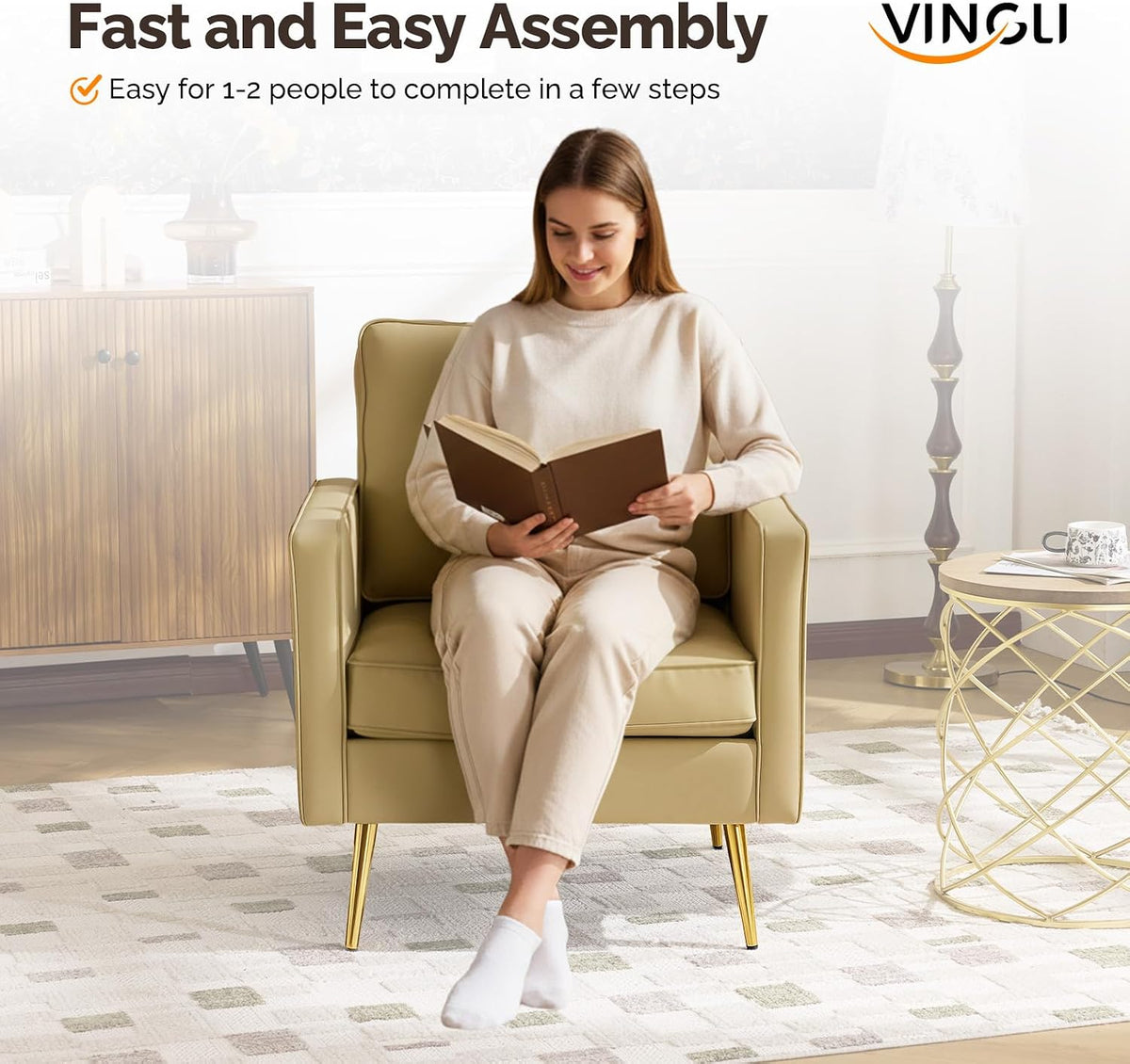 VINGLI Faux Leather Accent Chairs Set of 2 with Gold Legs for Living Room | Brown Armchair, Thick Foam Cushion, Durable Faux Leather PU, Sturdy 380 LB Frame, Elegant Gold Legs, Compact Modern Design
