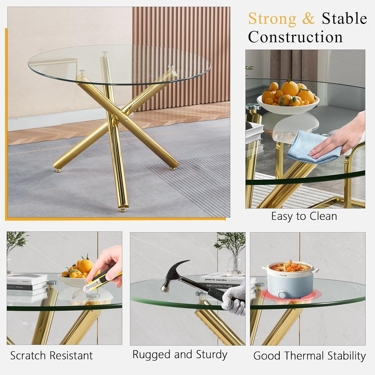 Round Glass Dining Table Set for 4, Small Kitchen Table Set for 4, 47" Circle Gold Glass Dinner Table for 4 with Grey Velvet Chairs, 5 Piece Dining Room Table Set for 4 for Breakfast Dinette Cafe