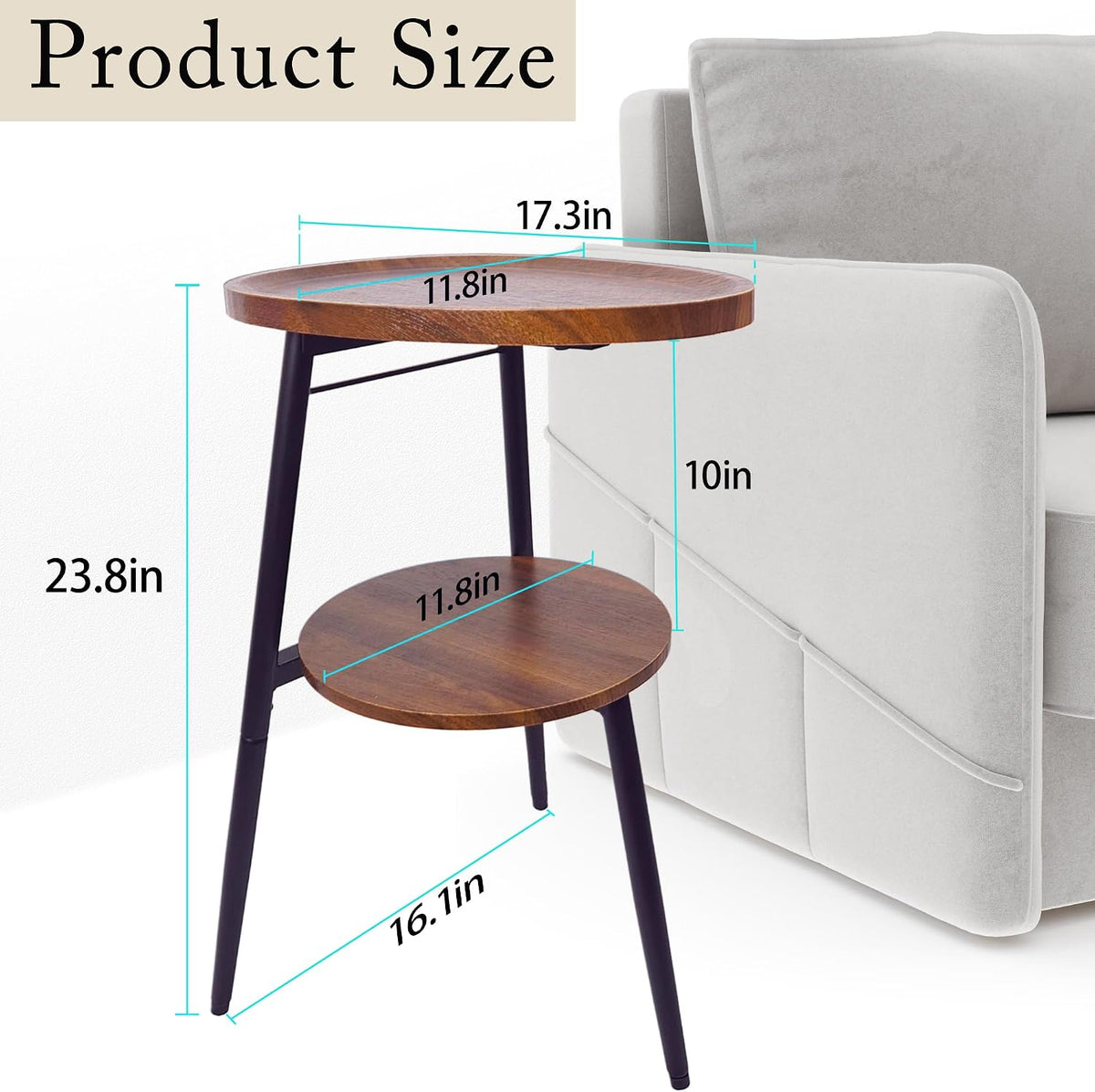 Side Table Small End Table, Oval Round Wood Sofa Table, 2 Tier Accent Table Nightstand Bedside Table with Metal Frame for Living Room, Bedroom, Small Spaces (Rustic Brown)