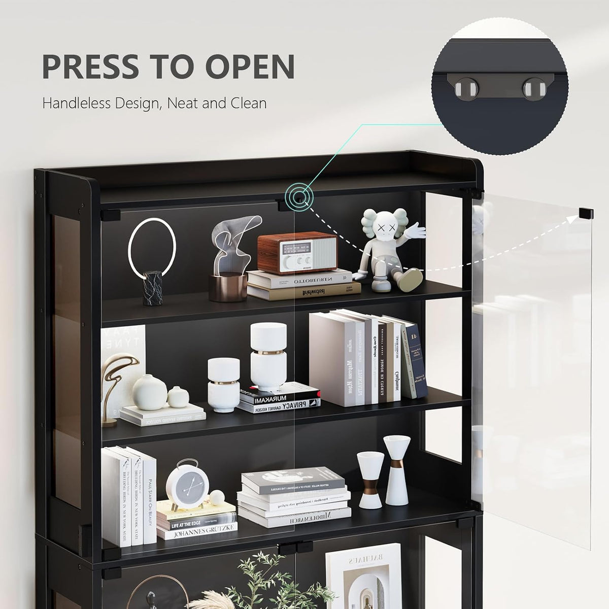 ROCHECASA Glass Display Cabinet 69''H with LED Lights, 5-Tier Showcase with Drawers, Collectible Figure Display Case, Freestanding Curio Cabinet, Tall Storage Shelves, Black, 27.6''W