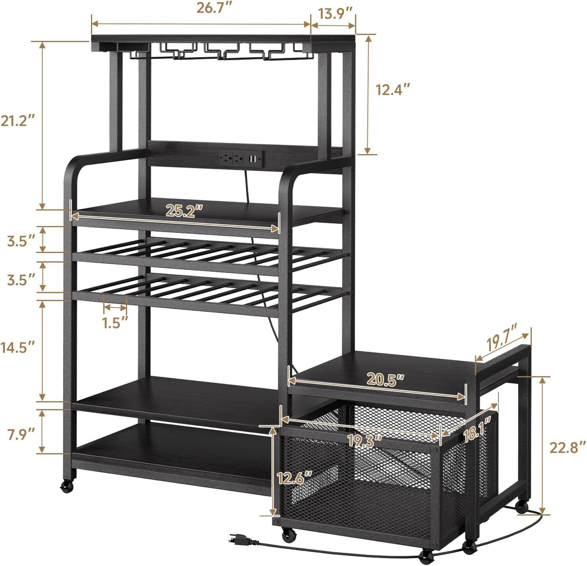 Mini Fridge Stand with Power Outlet, Microwave Stand with Wine Rack, Coffee bar with Removable Storage Baskets, Suitable for Dorm, Kitchen, Dining Area, Black
