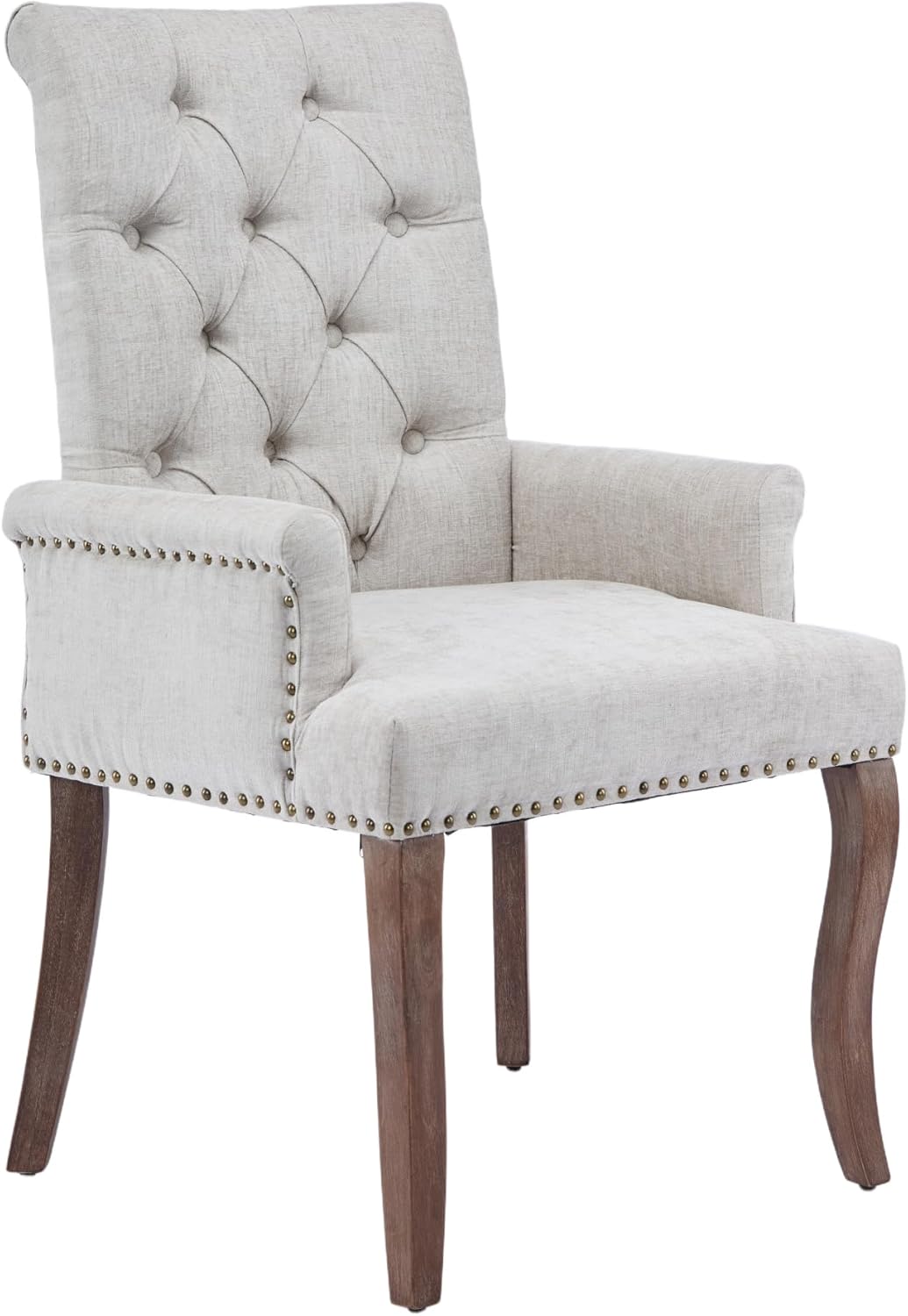 mikibama Chenille Upholstered Dining Chairs with High Back,Vintage Tufted Kitchen Chairs with Rolled Arms,Farmhouse Fabric Accent Side Chair with Arms for Living Room,Single Pack (1, Beige)
