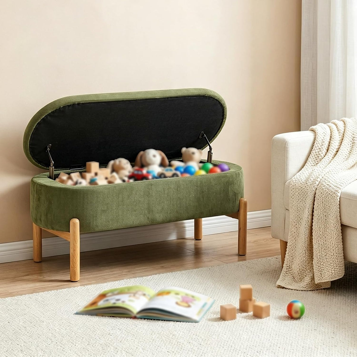 Storage Bench Ottoman With Hidden Storage And Corduroy Fabric, Green | Oval Upholstered Bench For Bedroom, Living Room, Entryway, Or Under Window With Soft Seat, Safety Hinge, And Wood Legs