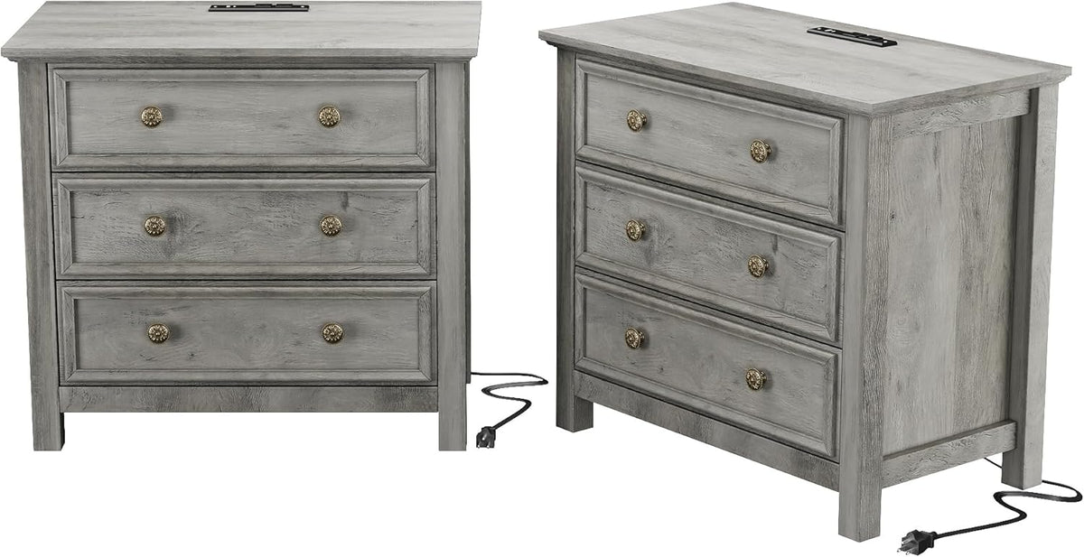 LGHM Set of 2 Large Nightstand with Charger Station, 27" W Night Stand with 3 Large Drawers, Accent Small Dresser Bed Side Table, Stable Thick Wood Legs, Timeless Look,Gray