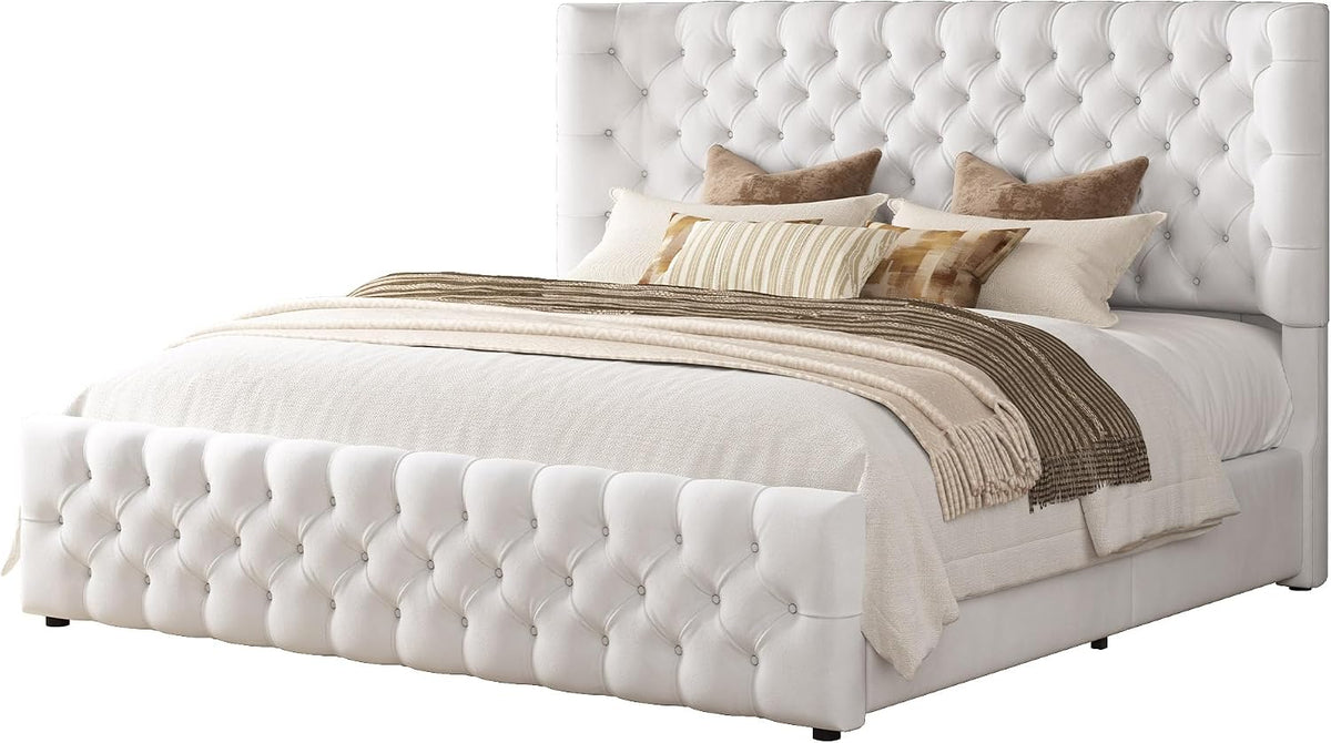 AMERLIFE Upholstered Queen Bed Frame with Wingback Headboard, Cream Velvet
