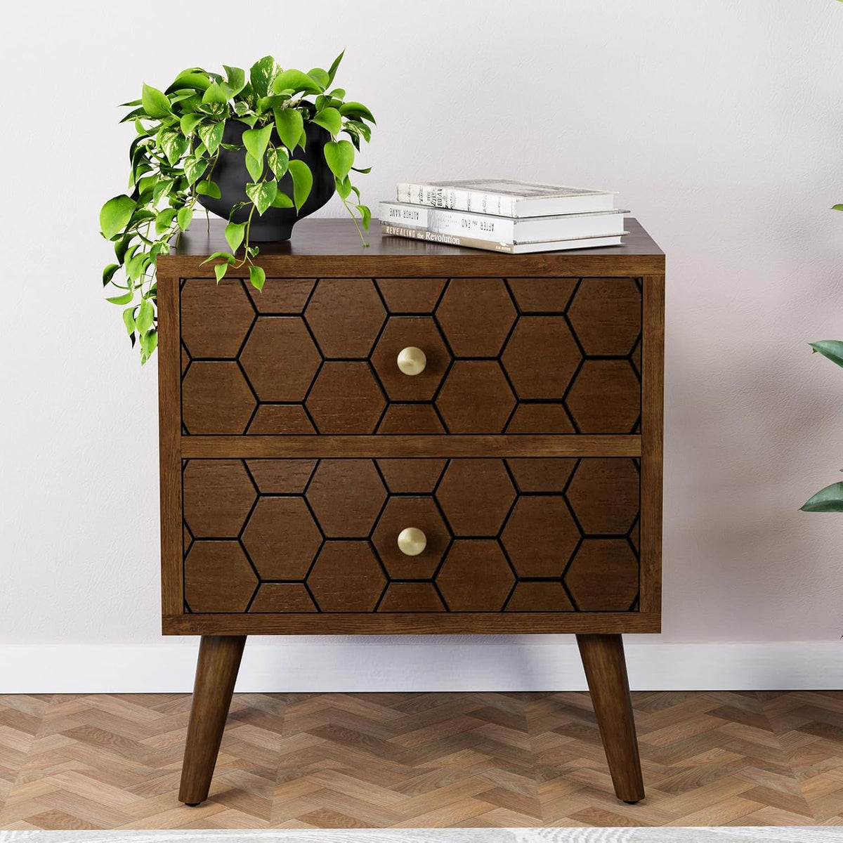 HOMPUS Wood Nightstand Set of 2, Modern Nightstand with Drawers Set 2 w Honeycomb Pattern, Small 2 Drawer Dresser, Bedside End Table with Solid Wood Legs for Bedroom, Dorm, Brown