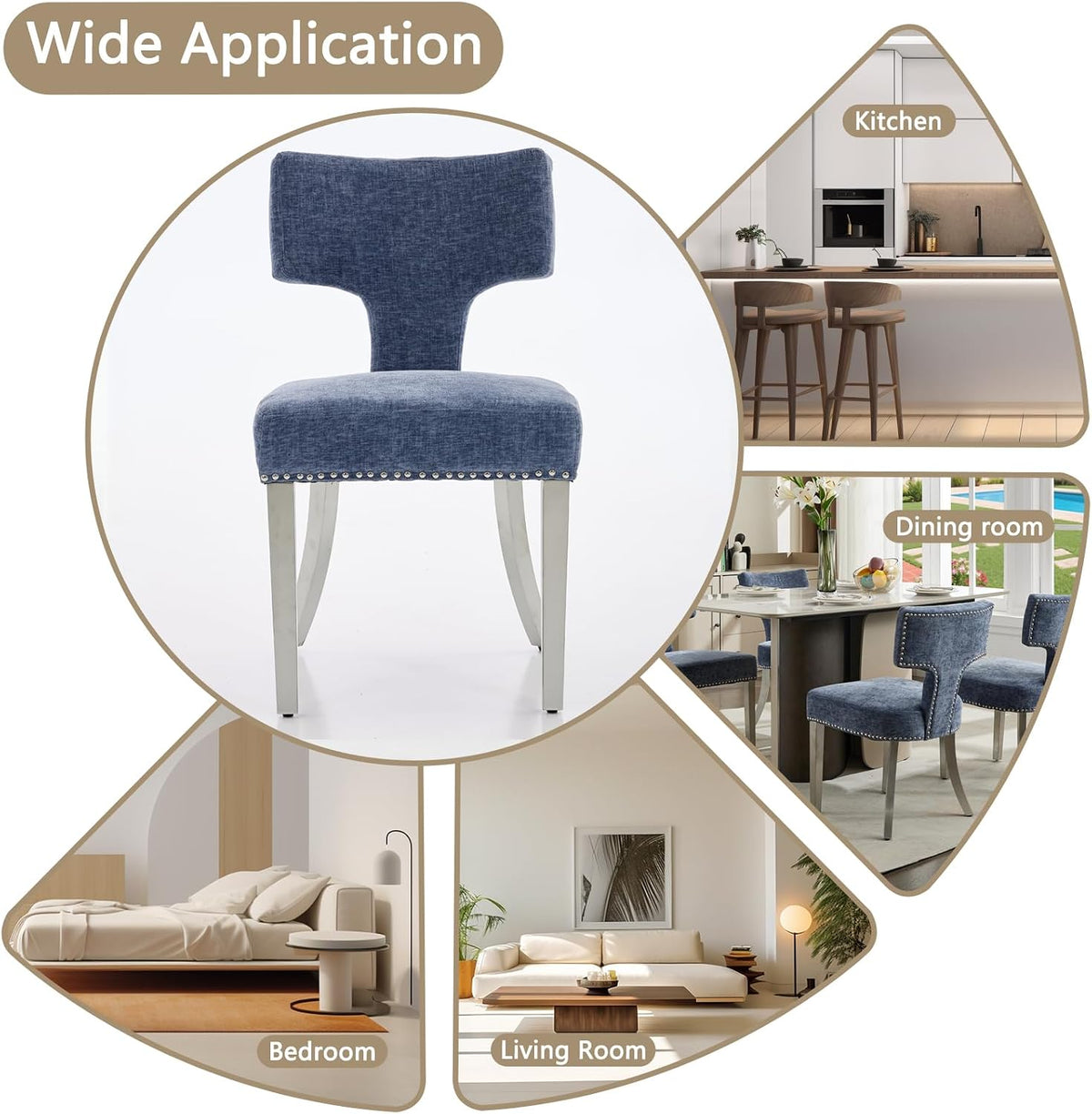 Shenyon Mid Century Modern Dining Chairs Set of 4, Chenille Fabric Upholstered Dining Room Chairs Curved Backrest with Nailhead Trim, Kitchen Chairs with Silver Stainless Steel Legs, Blue