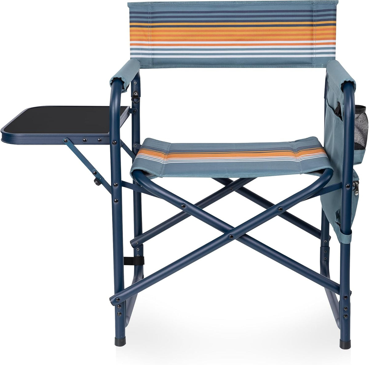 Picnic TIME Sports Chair with Side Table and Armrest Caddy, Lightweight Aluminum Folding Outdoor Camping Chair for Adults, Portable Director Style Lawn Seating, (Marine Stripe with Navy Blue Frame)