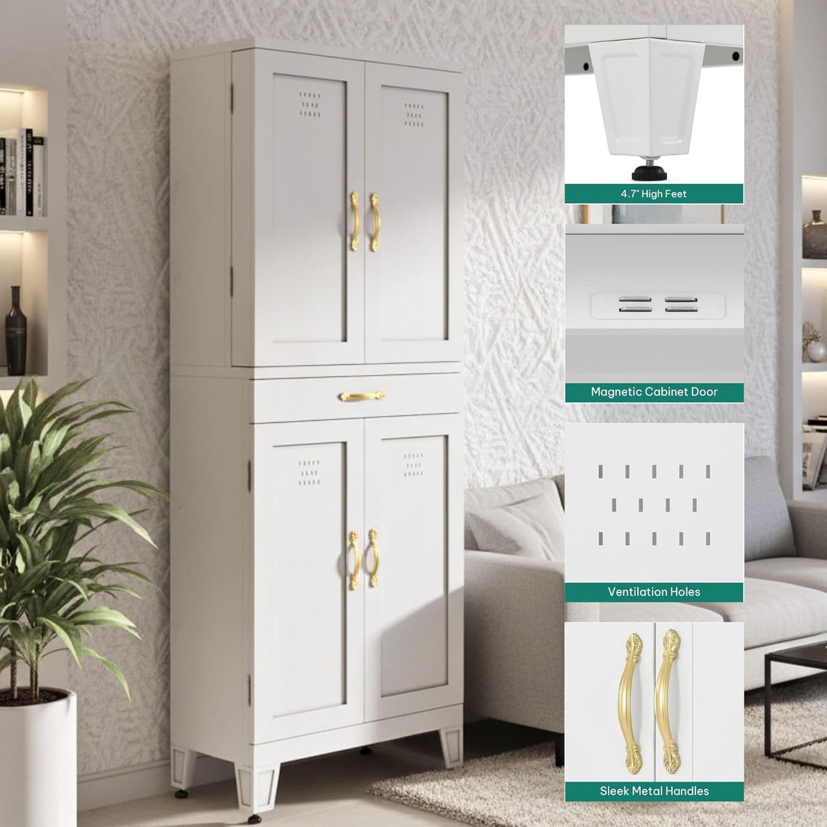 YITAHOME 71" Metal Kitchen Pantry Storage Cabinet with 4 Doors, 4 Adjustable Shelves, 1 Drawer and 8 Door Racks, Tall Freestanding Steel Cupboard for Home Kitchen Living Dining Room, White