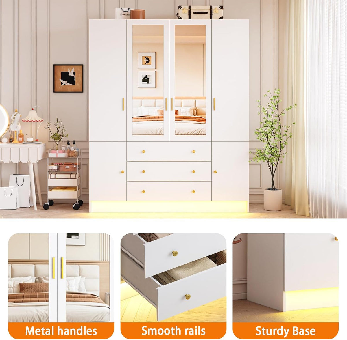 4 Doors LED Armoire Wardrobe Closet with Mirror, 75" Tall Modern Wooden Wardrobe Closet with 3 Drawers, Freestanding Clothing Storage Cabinet with Hanging Rod, Adjustable Shelves, White