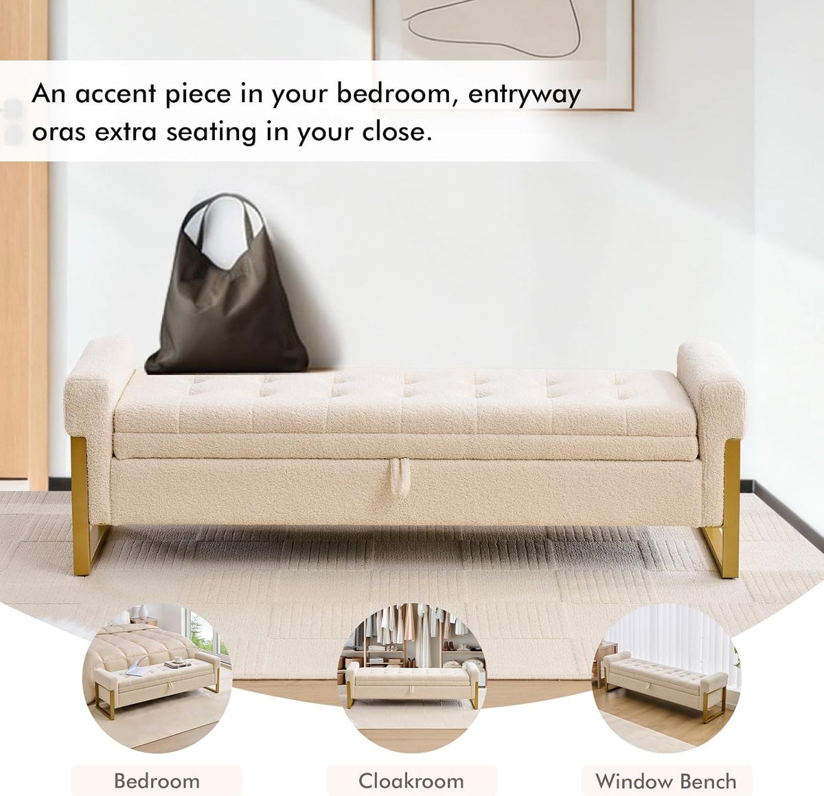 67" Storage Bench for Bedroom, King Size End of Bed Bench, Upholstered Storage Ottoman Bench with Golden Metal Legs, Bedroom Bench for Entryway (Teddy Beige)