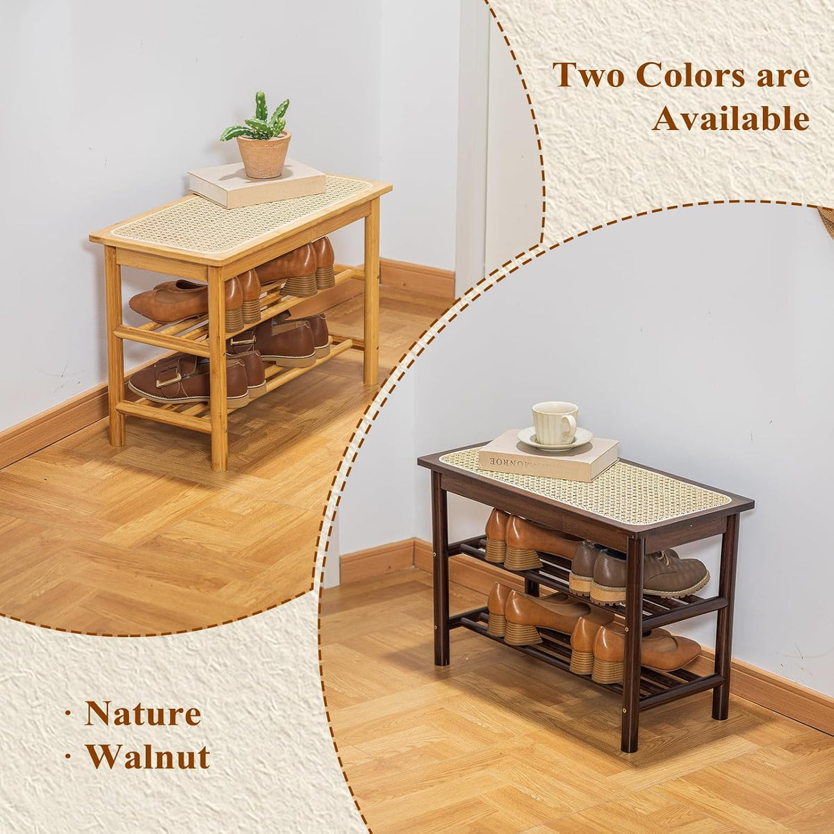 Bamboo Entryway Bench with Woven Rattan Seat, 2-Tier Shoe Storage Bench for Hallway & Entryway 31.5 inches Walnut