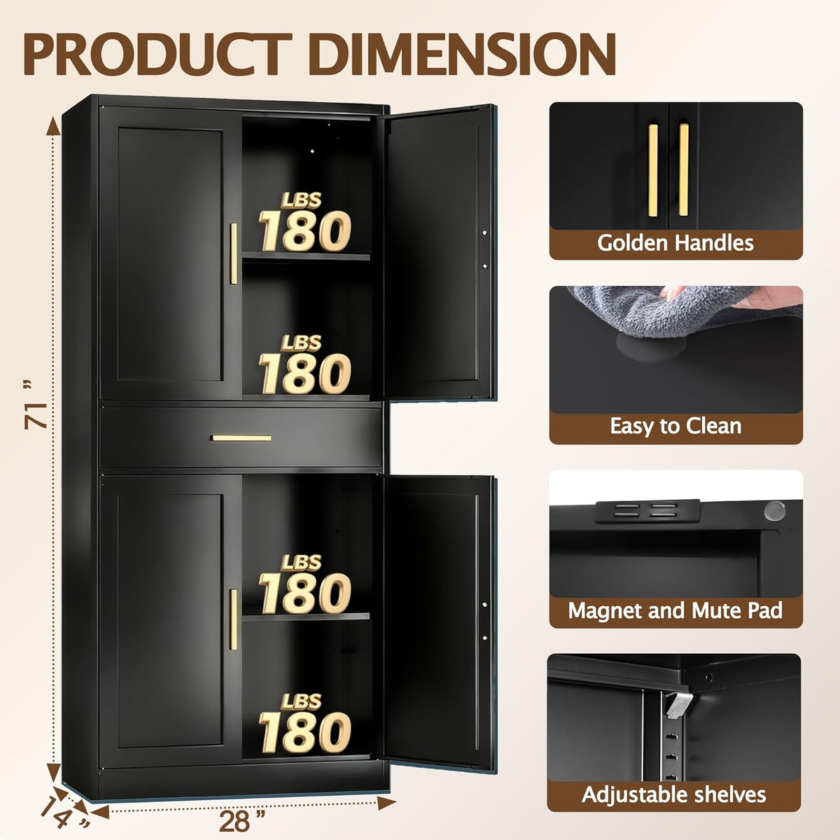 Kitchen Pantry Cabinet, 71”H Metal Storage Cabinet with 1 Drawer, Doors and 2 Adjustable Shelves, Black Pantry Storage Cabinets for Kitchen, Living Room, Dining Room and Bathroom
