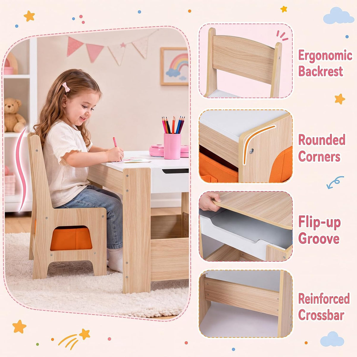 Costzon 4 in 1 Kids Table and Chairs with Building Blocks (Natural) | Wooden Toddler Activity Table Set w/ Detachable Graffiti Tabletop, Blackboard and Storage Drawers for Play, Arts & Crafts