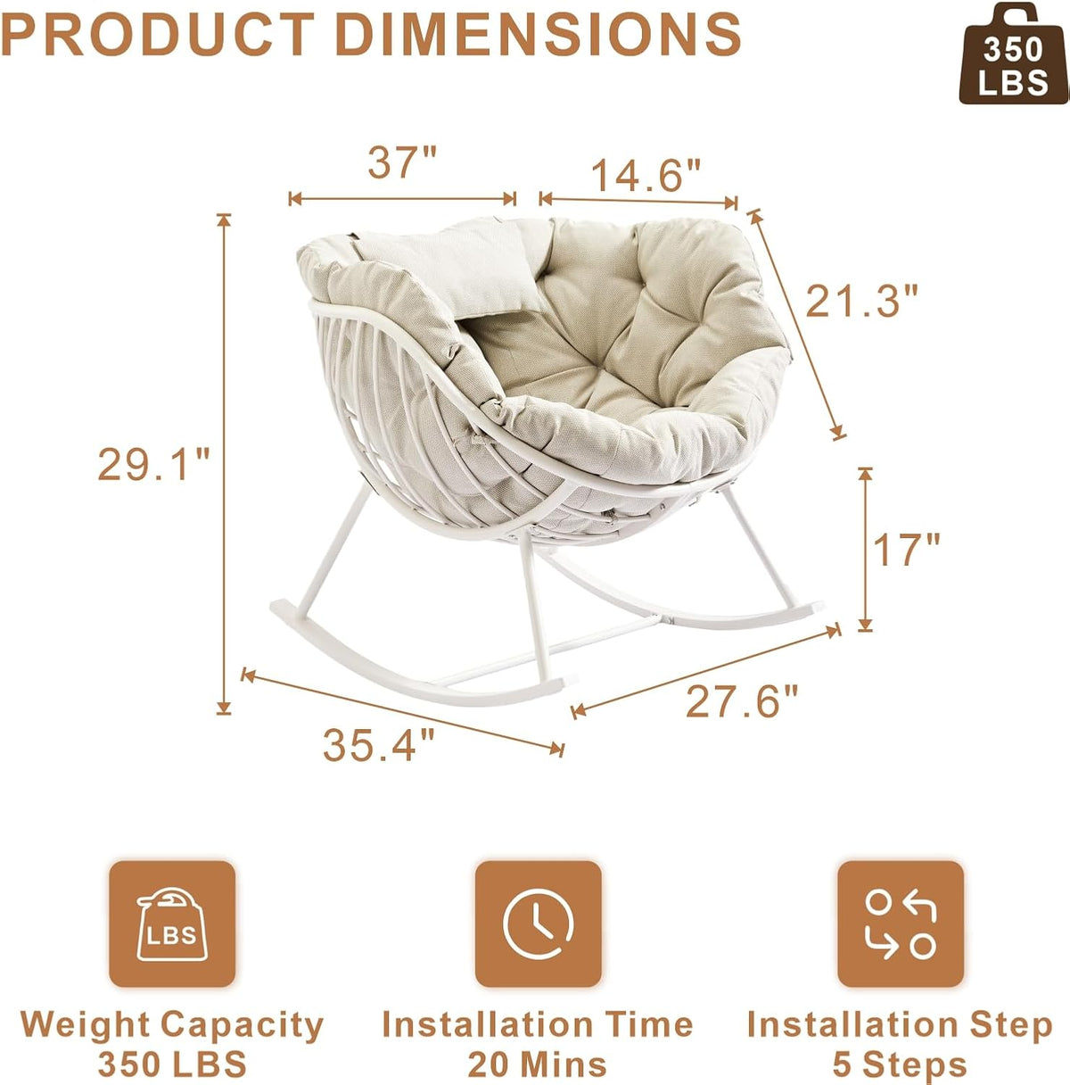 Oversized Outdoor Rocking Chair, Patio Papasan Egg Chair, Rocker Reading Lounge with Thick Cushion, Comfy Indoor Rocker Chair for Bedroom, Living Room, Porch, Poolside