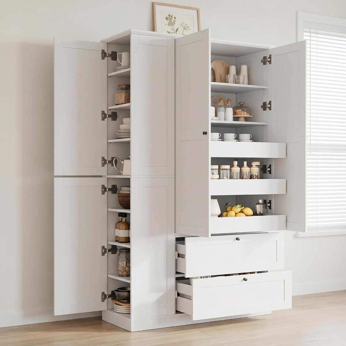RUNNA 73.6" Tall Farmhouse Kitchen Pantry,Freestanding Large Capacity Storage Organizer with Customizable Shelves & Anti-Tip Safety - Perfect for Living Room & Home (White1)