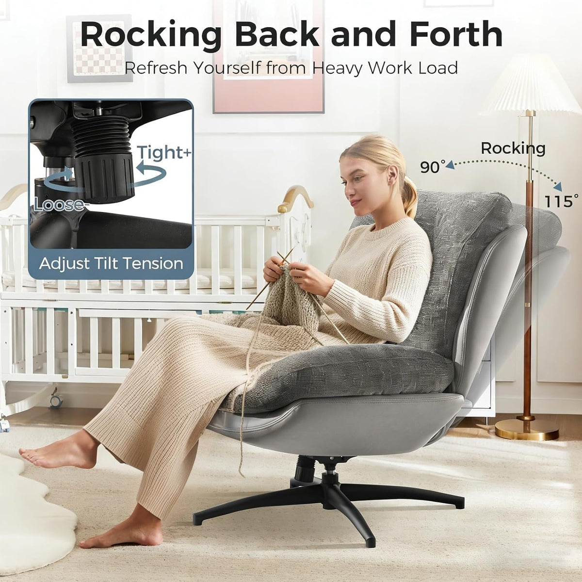 K Knowbody Swivel Accent Chair with Ottoman, 400lbs Capacity & Easy Assembly, Oversized 360° Swivel Rocker Recliner, Comfortable Swivel Chair for Living Room, Bedroom, Office, Grey