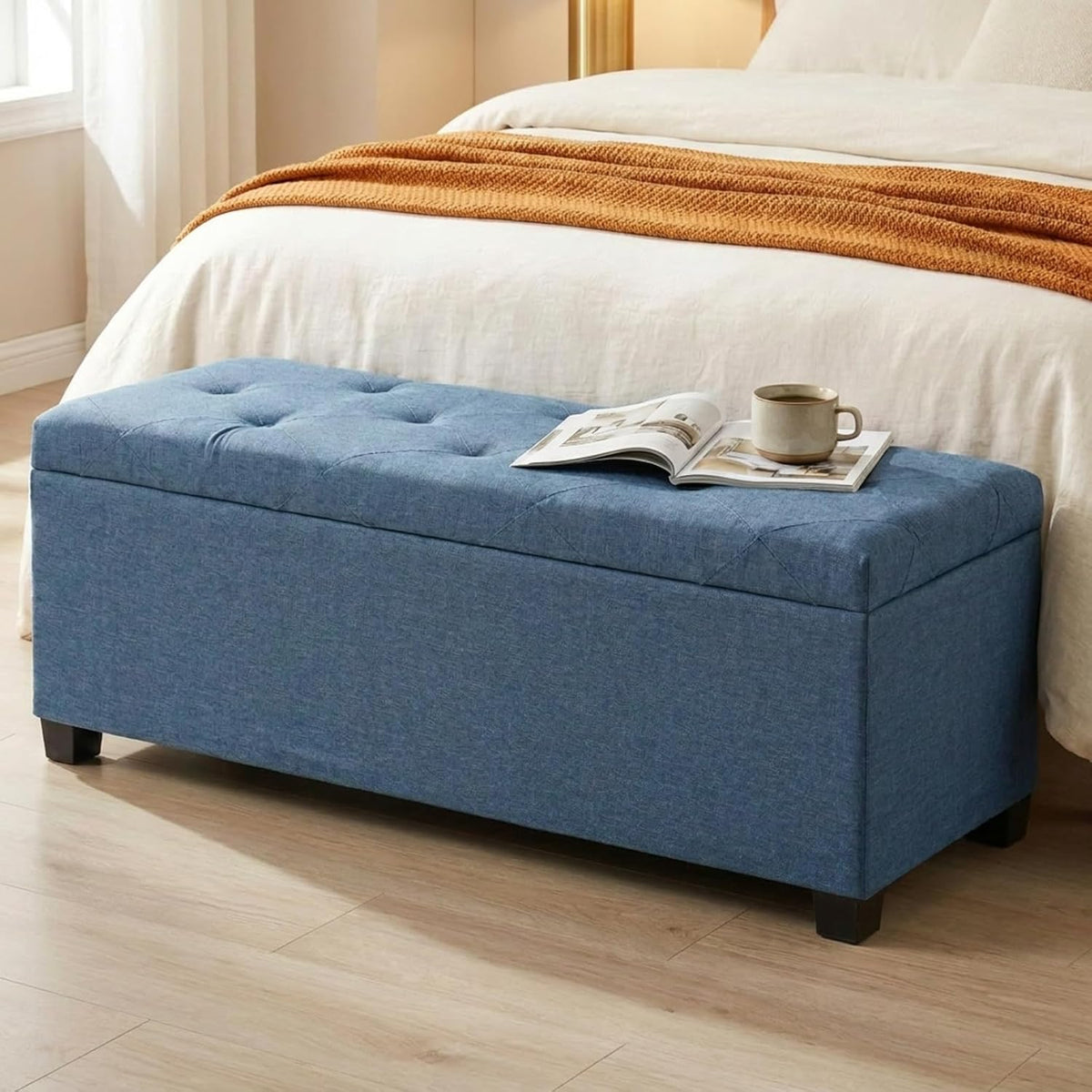 DUMOS Storage Ottoman Bench, 43.3 Inch End of Bed Bench for Living Room | 27 Gallon Steel Frame Linen-Look Fabric Chest, Removable Cover, 250lb Capacity, Bedroom Entryway, Blue