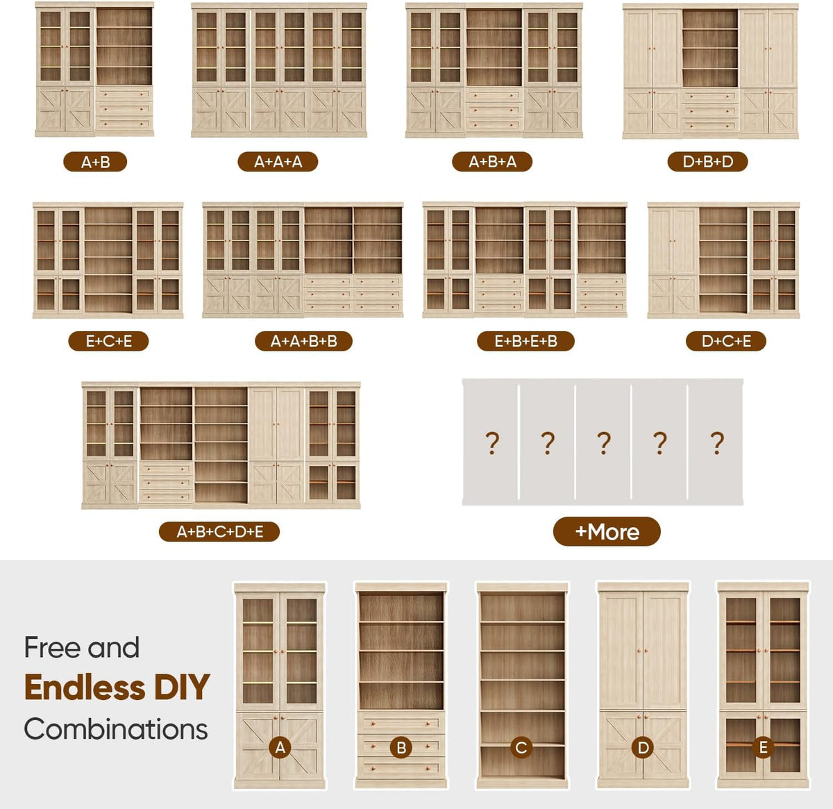 ivaniti 70.8" Tall Farmhouse Bookshelf with Glass Doors, Modular Bookcase with 6-Tier Adjustable Shelves, Large Storage Cabinet for Kitchen, Living Room, Brown, Set of 4
