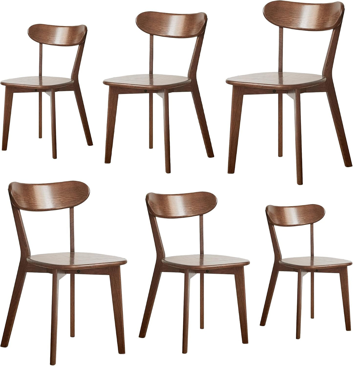 Walnut Solid Wood Dining Chairs Set of 6 – FAS-Grade North American Oak, Mid Century Modern Curved Back, 400 lbs Heavy Duty for Restaurant, Kitchen & Home