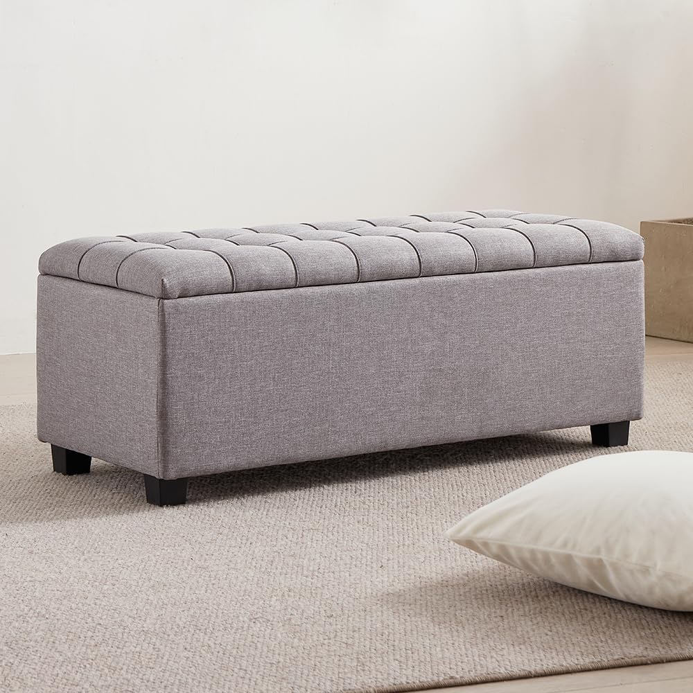 38-inch Grey Fabric Storage Ottoman Bench with Hinged Lid - Long End of Bed Bench for Bedroom, Living Room & Entryway, Footrest Seat Trunk