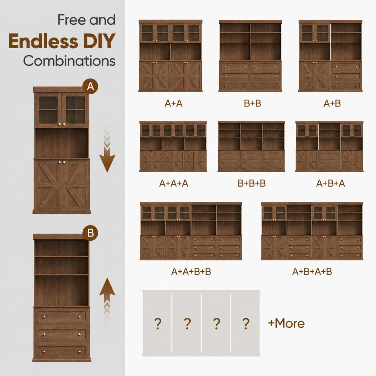 71" Farmhouse Kitchen Pantry Cabinet with Glass Doors & Drawers, Set of 3 – Dark Brown Freestanding Coffee Bar Hutch with Adjustable Shelves, Large Storage Cabinet with Microwave Stand for Kitchen
