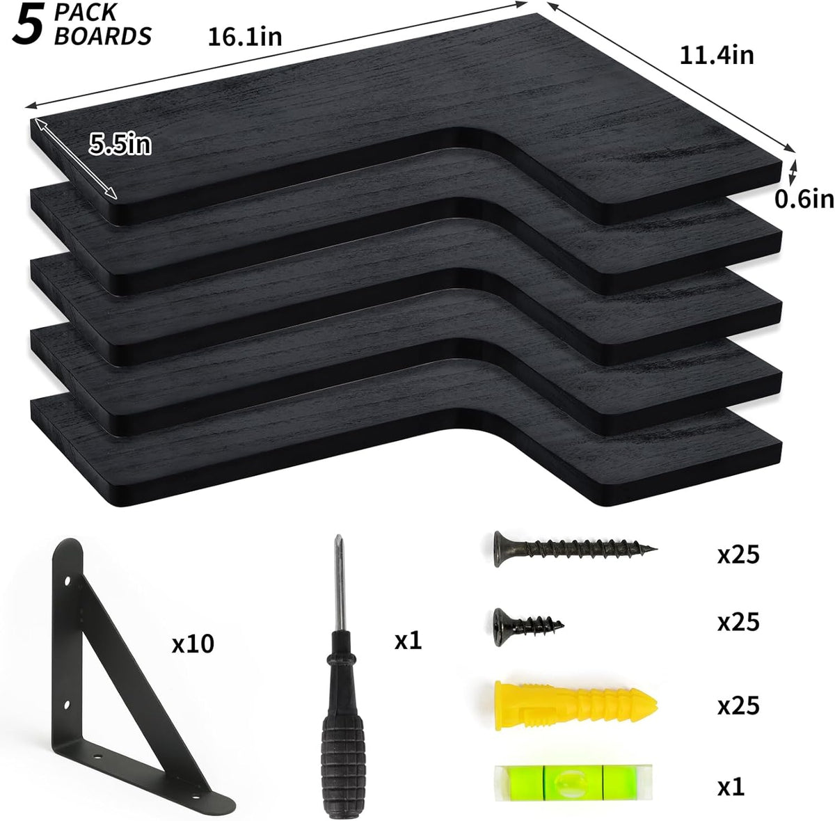 Fixwal Corner Shelves Wall Mounted Set of 5, Floating Shelves for Wall Bathroom, Kitchen, Bedroom, Home Decor, Laundry Room, Living Room (Black)