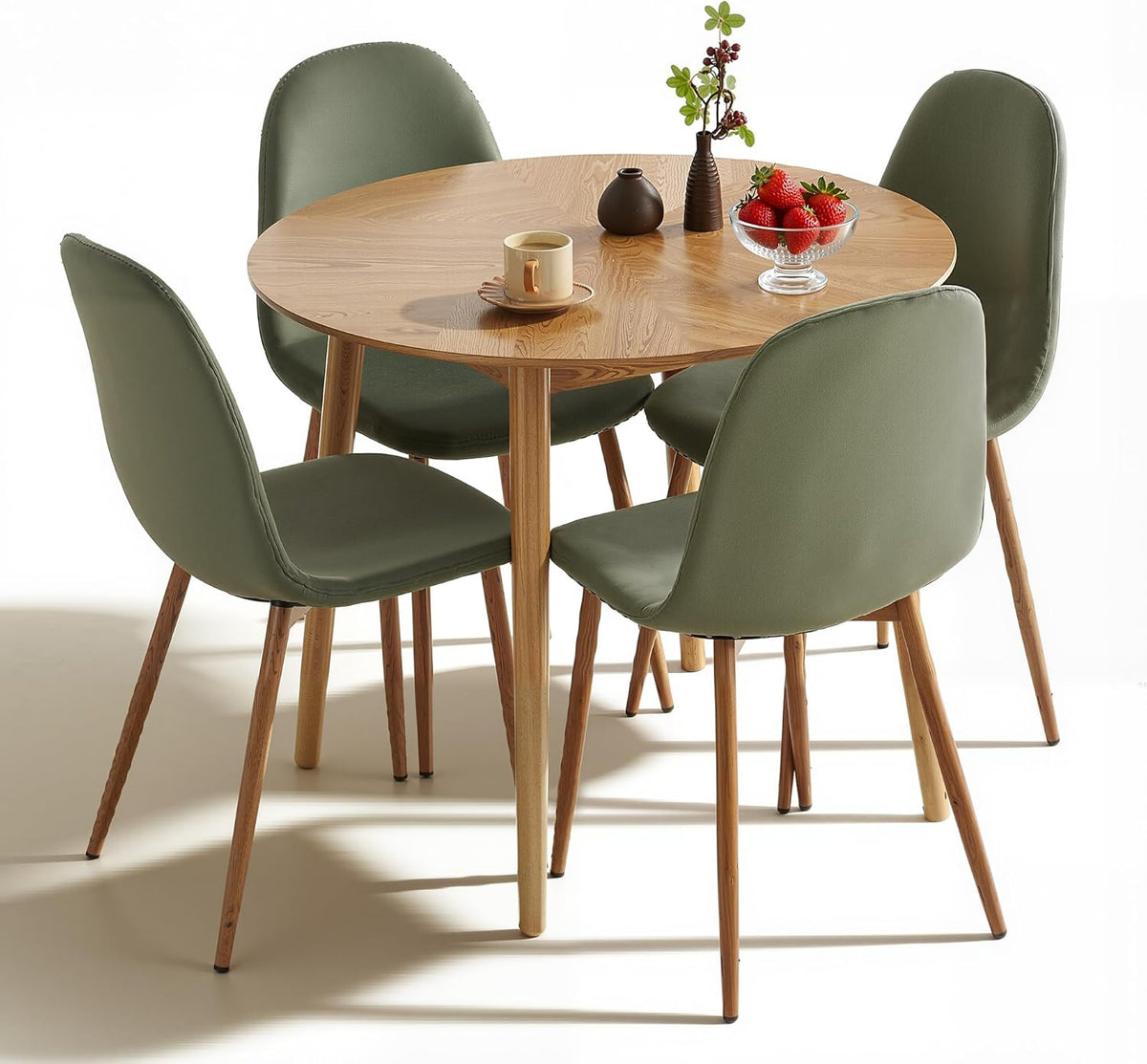 Small Oak Round Dining Table Set for 4, Modern 35'' Kitchen Coffee Table with 4 Green Velvet Dining Chairs for Dining Room Apartment