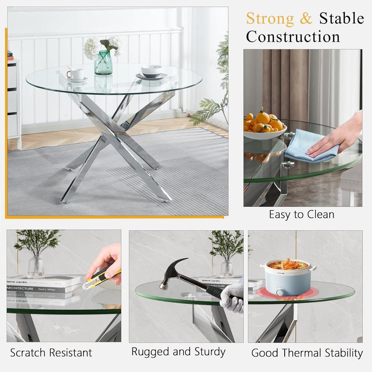 Round Glass Dining Table Set for 4, Small Kitchen Table Set for 4, 47" Round Glass Table and Chairs Set of 4, 5 Piece Round Dining Room Table Set with Grey Velvet Chairs for Breakfast Dinette Cafe