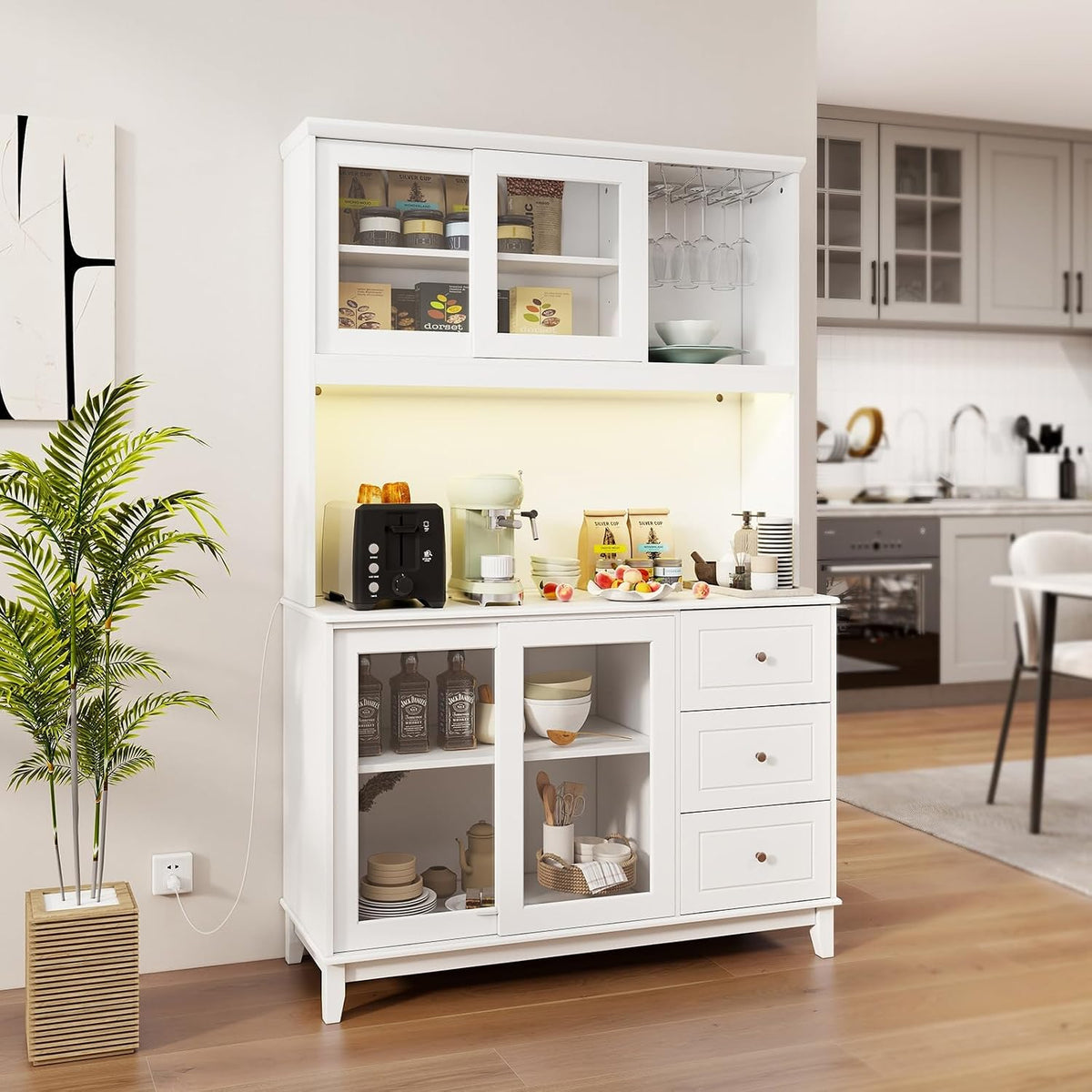 73” Kitchen Pantry Storage Cabinet w/Power Outlets & Led Lights | Tall Cupboard w/ Hutch, Wine Glass Racks, Adjustable Shelves, Drawers, Microwave Shelf for Dining Room (Espresso)