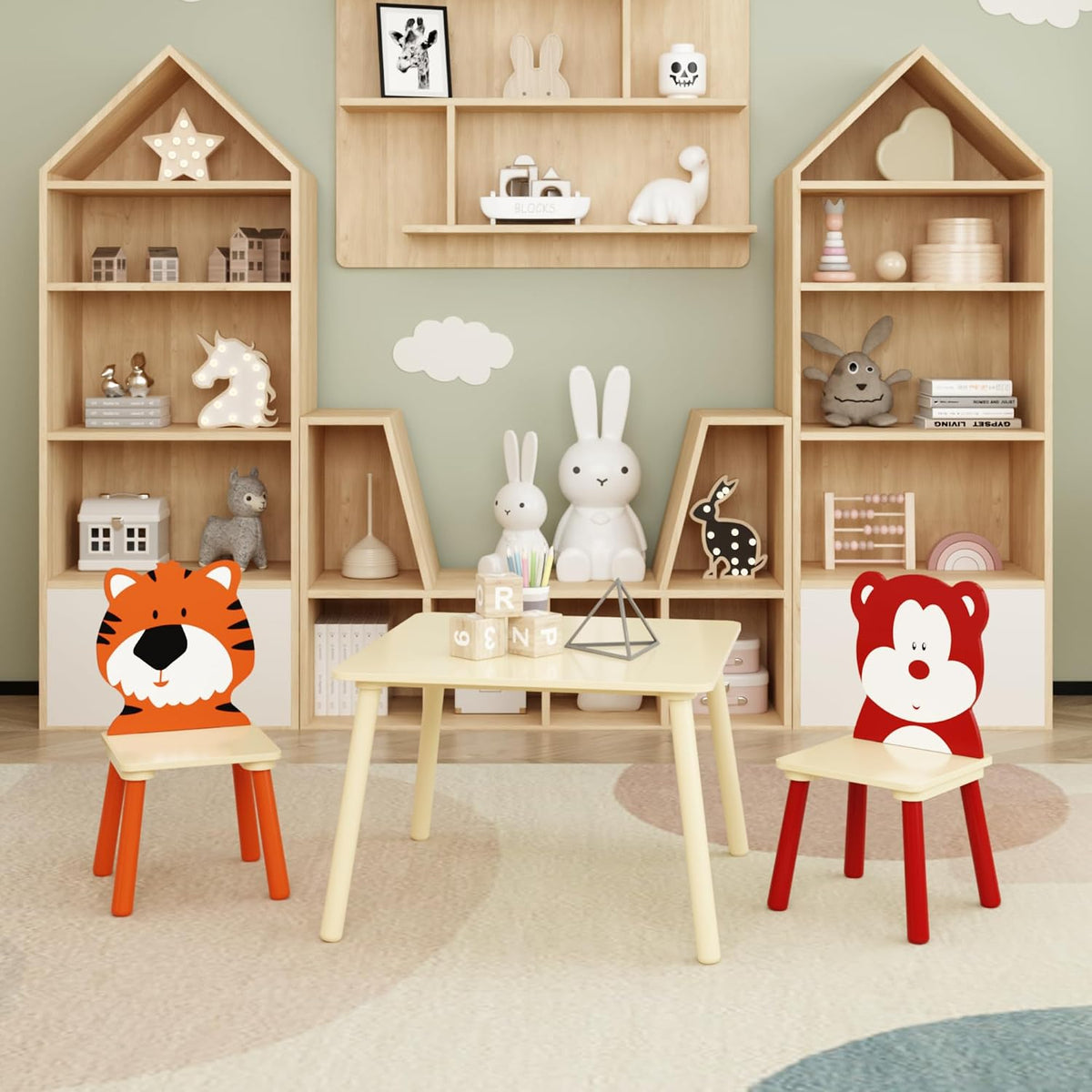 3 Pieces Toddler Table and Chair Set, Tiger & Bear Pattern Solid Wood Legs Heavy Duty Boys and Girls Activity Play Table and 2 Chairs Furniture for Playroom Daycare Kindergarten
