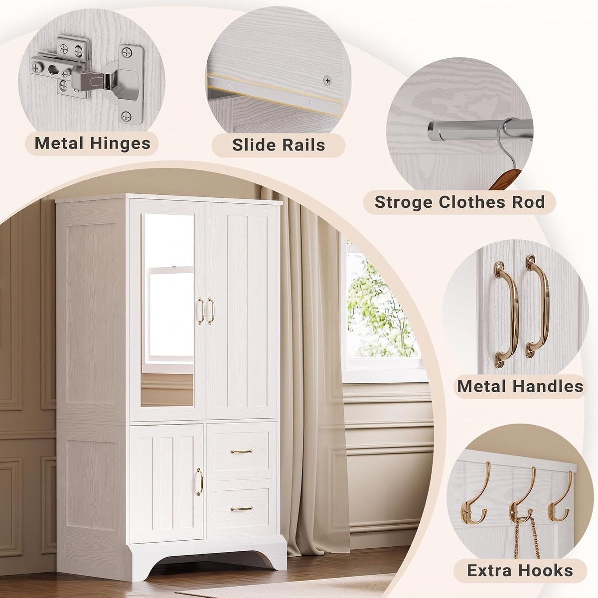 LIKIMIO Armoire Wardrobe with Mirror, 3-Door Hanging Rod & Drawers | 3-door armoire with mirror. Hanging rod, 2 drawers, 4 hooks. P2 MDF, anti-tip.