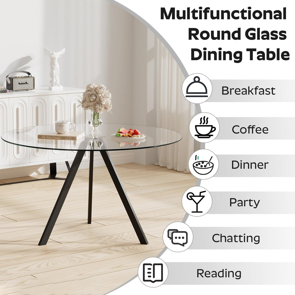 5-Piece 39" Round Glass Dining Table Set with 4 Velvet Upholstered Chairs, Dining Chairs with Solid Wood Legs, Modern Kitchen Table with Triangular Metal Base for Dining Room(Black)