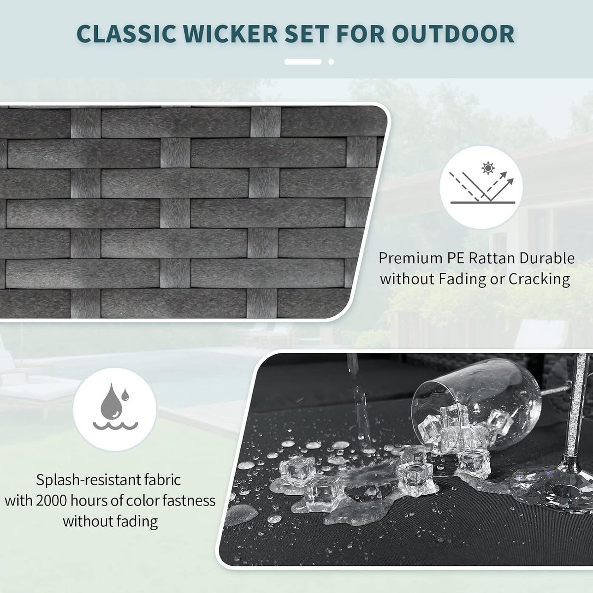 NICESOUL Modern Luxury All-Weather Outdoor Wicker Ottoman Set of 2, 500 Lbs Alloy Steel Frame Footrest, Comfortable Wide Deep Seat 2-Piece Rattan Foot Stool with Padded Cushion for Patio, Dark Gray