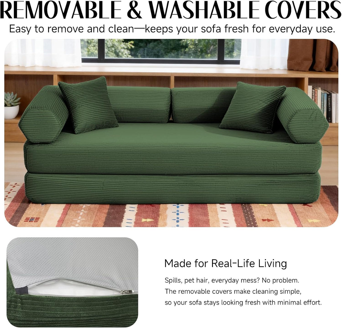 79" Corduroy Sofa Bed, Couch in a Box with 2 Pillows, High-Density Foam 4-in-1 Foldable Sleeper Futon Loveseat for Small Spaces, No Assembly, Side Pockets, Hex Arm Hunter Green