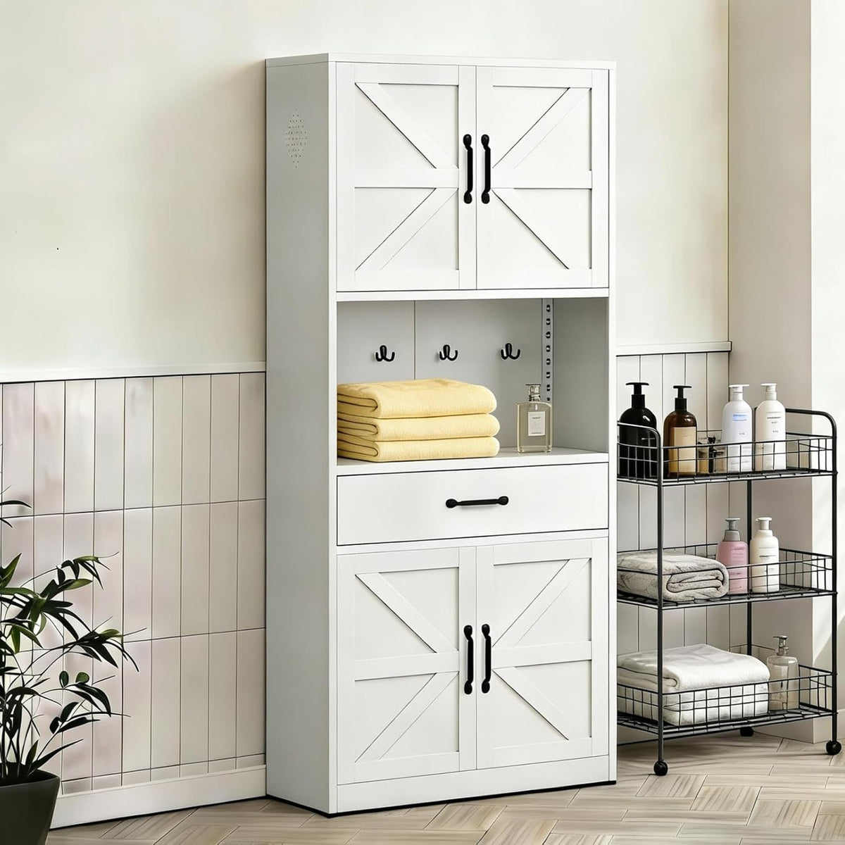 White Steel Kitchen Pantry Storage Cabinet with Large Countertop, Adjustable Shelves, Drawers & Hooks, Heavy-Duty White Cabinet for Kitchen Living Room Bathroom, 30.3x15.7x70.9 Inches
