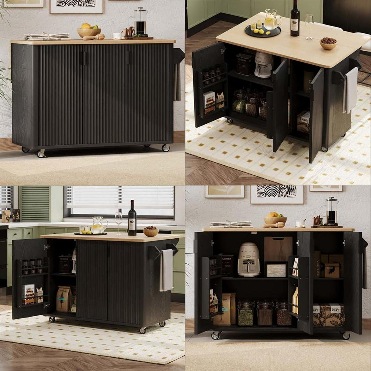 Kitchen Island Cart with Drop Leaf with Storage and Dining Table, Kitchen Island with Wheels Towel Rack， for Kitchen, Dining Room, Black