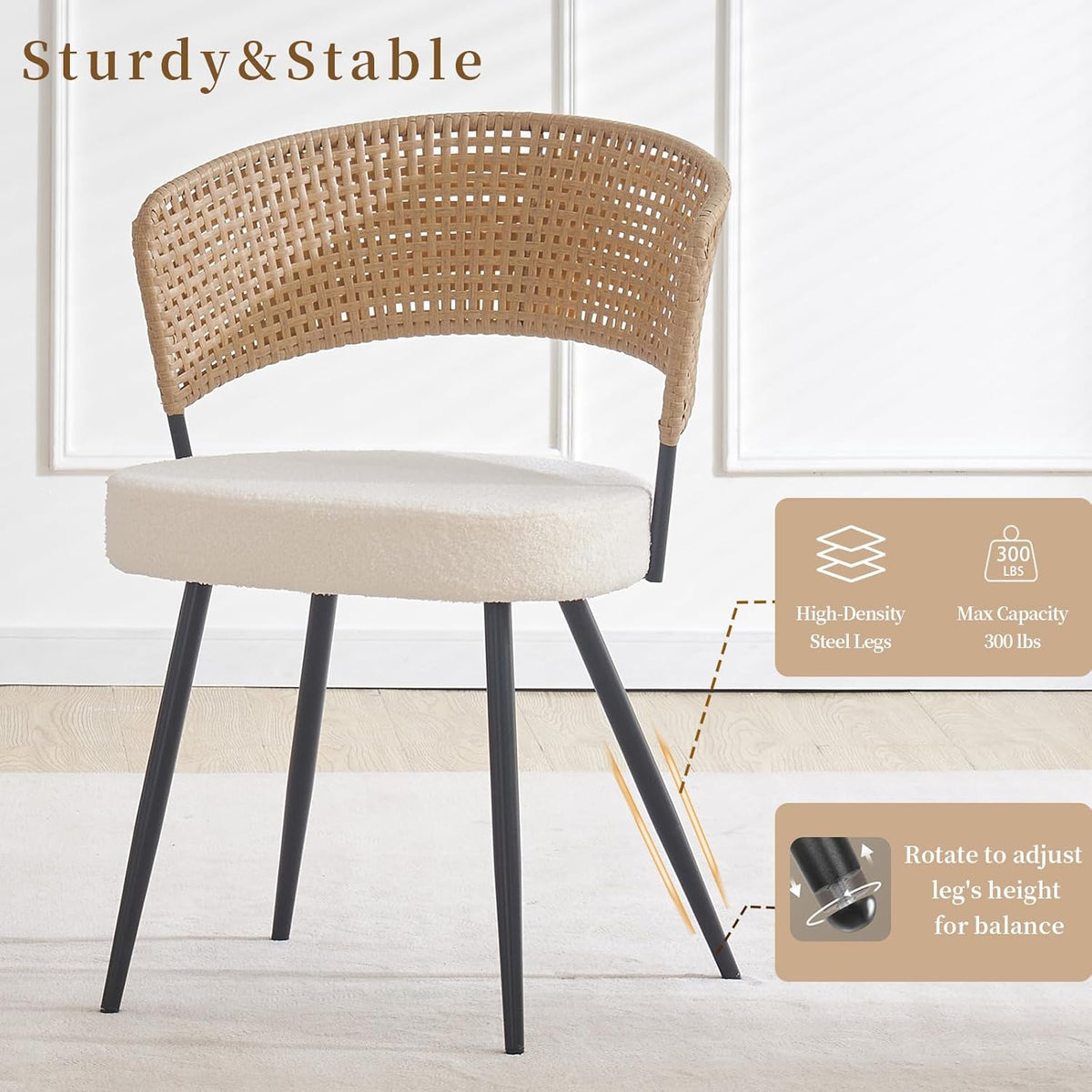 Rattan Dining Chairs Set of 4, Wing Back Dining Chairs Set of 4, PE Wicker Chairs, Cane Back Kitchen Chair with Boucle Cushion,Boucle Seat with Metal Legs for Kitchen, Bedroom
