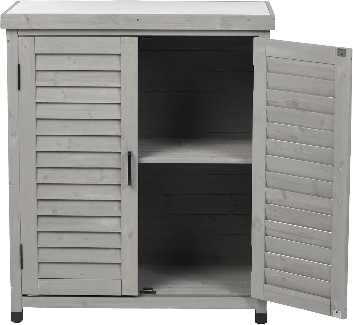 32" Solid Wood Storage Cabinet, Sideboard Cabinets with Metal Table Top, Living Room Organizer with Louvered Ventilation for Outdoor Patios, Grey