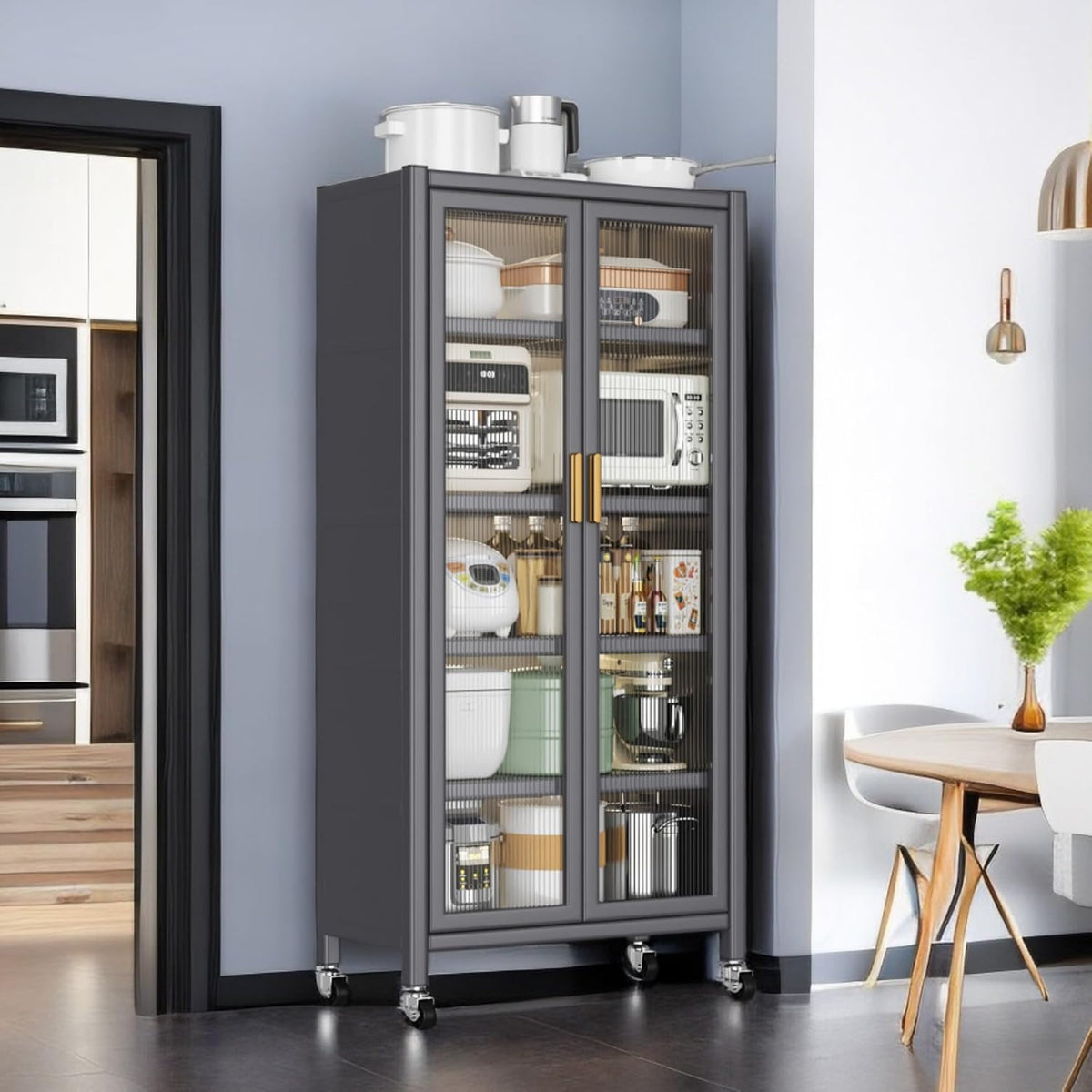 Metal Kitchen Pantry Storage Cabinet on Locking Casters, Double Ribbed Glass Doors, Multi Shelf Organizer for Microwave Appliances, Countertopware, Dining Room, Laundry, Garage (Grey)