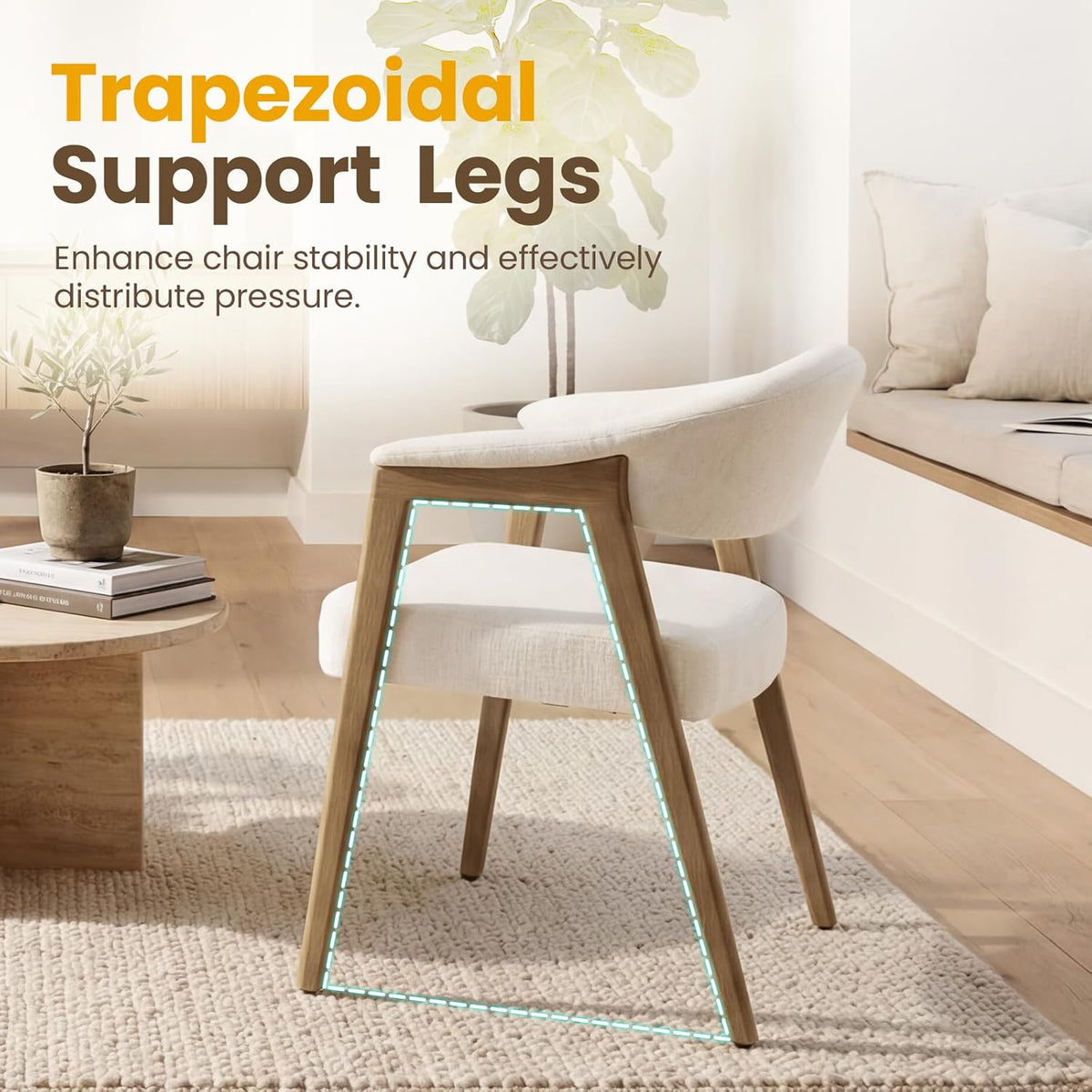 CIMOTA Upholstered Dining Chairs with Arms Set of 2, Mid Century Modern Kitchen & Dining Room Chairs, Comfortable Curved Backrest & Trapezoid Solid Wood Legs, Linen Beige