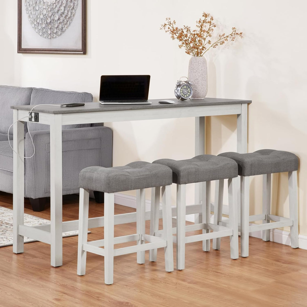 KEIKI 4-Piece Bar Table Set with Charging Ports, 59" Industrial Kitchen Table with 3 Upholstered Stools, Durable Wood Frame for Living or Dining Room, Gray & White