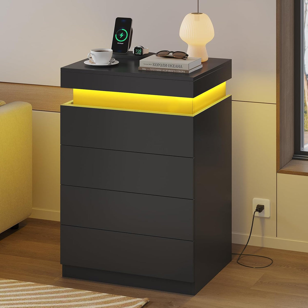 ADORNEVE Black Night Stand with Drawers and LED Lights | Bedside Table with Charging Station,Large Nightstand with Sliding Top,Modern End Side Table for Bedroom