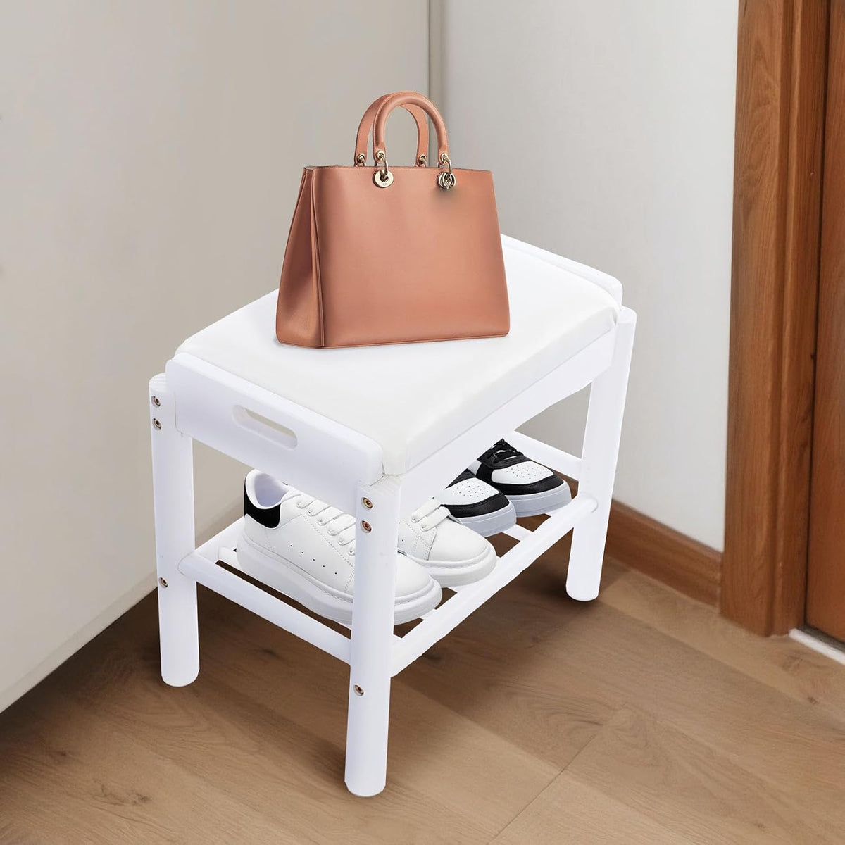 Shoe Bench with Cushion, 2-Tier Bamboo Shoe Rack Bench, Entryway Shoe Storage Organizer with Compartment, Wooden Shoe Storage Bench for Hallway, Living Room, Closet, Bedroom (White)