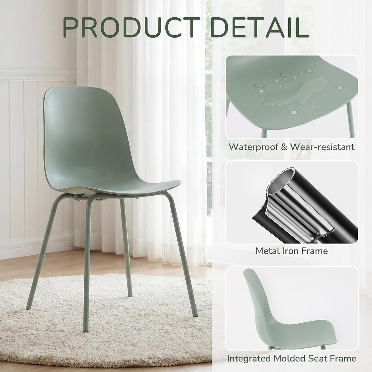 LSSBOUGHT Modern Dining Chairs Set of 4, Mid-Century Plastic Kitchen Chairs with Metal Legs, Comfortable Armless Side Chairs for Dining Room, Kitchen, Living Room & Small Spaces (Green)