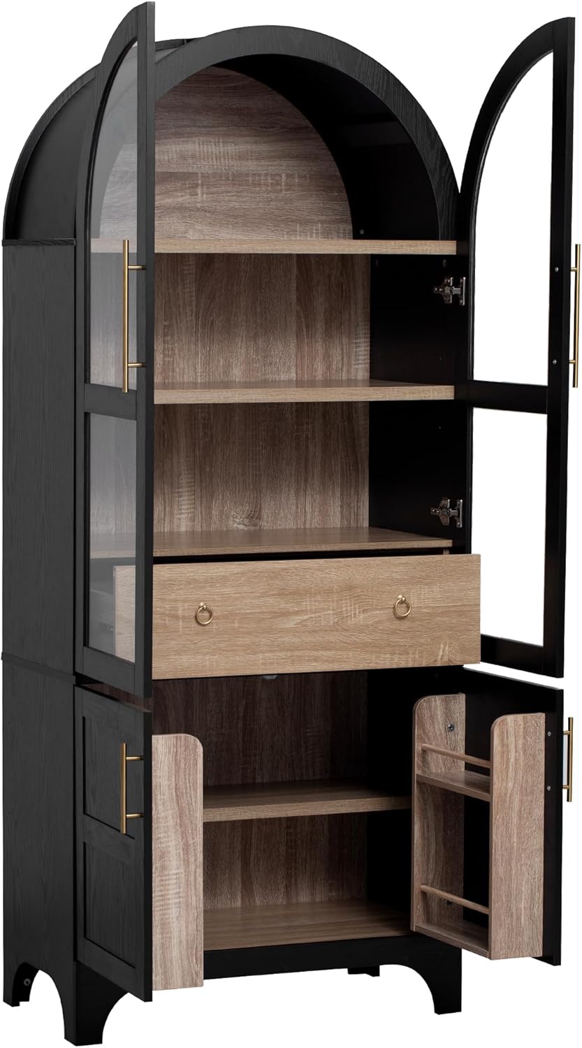 71'' Tall Arched Cabinet with Glass Doors, Farmhouse Kitchen Pantry Cabinet with Storage, China Cabinets with Adjustable Shelves, Hidden Drawer, Cupboard for Dining Room, Living Room (Black)