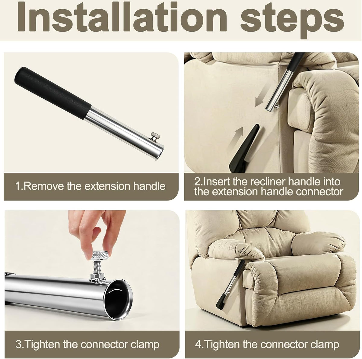 1Pcs Metal Recliner Handle Extender, Anti-Slip Foam Grip with Twist Locking Clamp, Universal Recliner Replacement Parts for Most Manual Recliners, Sofa Lounge Chairs(Black)