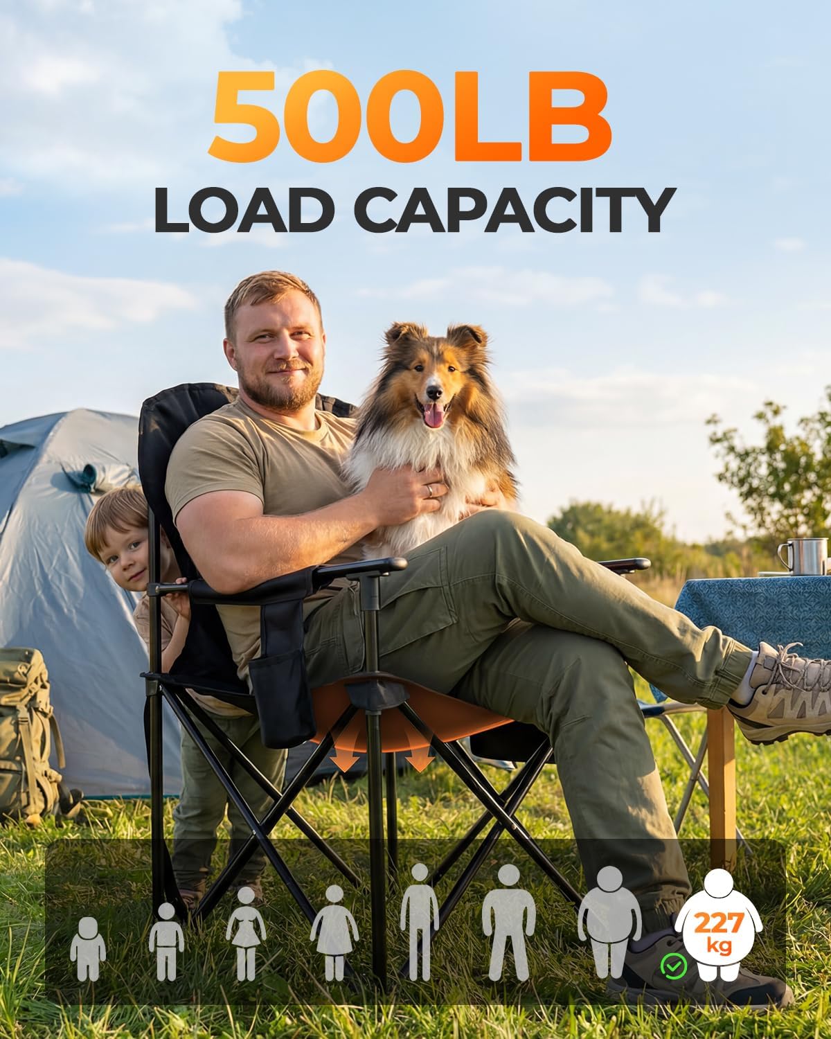 Sportneer Oversized Heavy Duty Camping Chair 500 LBS Capacity, Folding Portable Chair with Padded Seat, Strong Armrests for Easy Standing, Cup Holder & Side Storage Bag, Outdoor Camping Fishing Chair