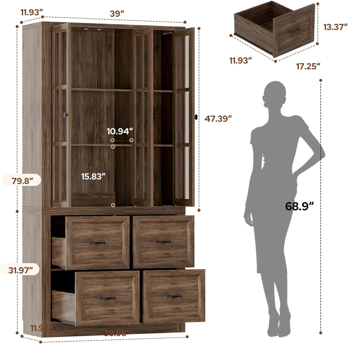 80" Modular Kitchen Pantry Cabinet, 2-in-1 Freestanding Tall Pantry Cabinet with Glass Doors & Adjustable Shelves, Large Hutch Storage Cabinet for Kitchen & Living Room (2, Cracked Oak, AB)