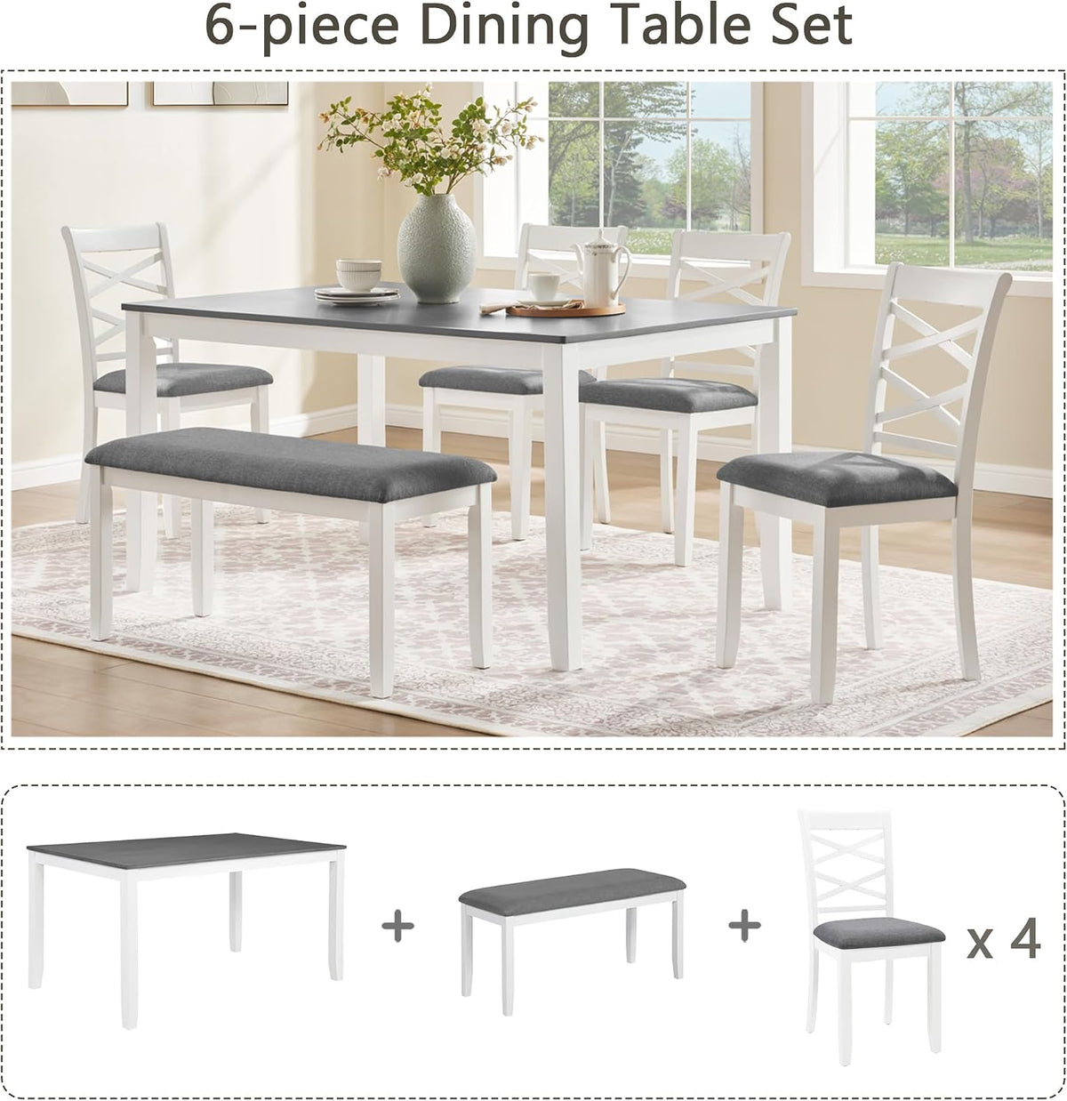 Merax 6-Piece Modern Dining Table Set with Chairs and Bench, Wood Kitchen Table Set for 4-6, Rectangular Kitchen Dining Table for Dining Room, Kitchen, Small Apartment, White+Gray
